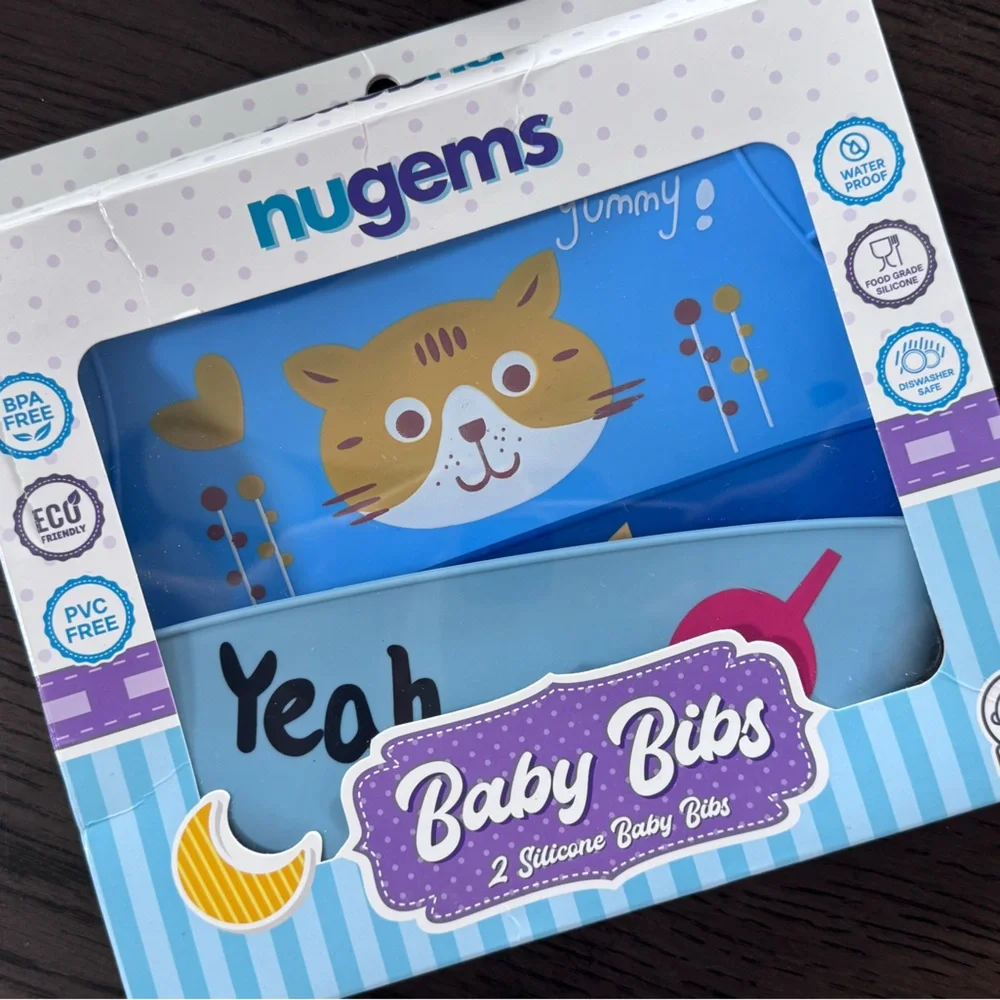 BRAND NEW Nugems Silicone Baby Bibs Set - 2 Pack Blue and Light Blue